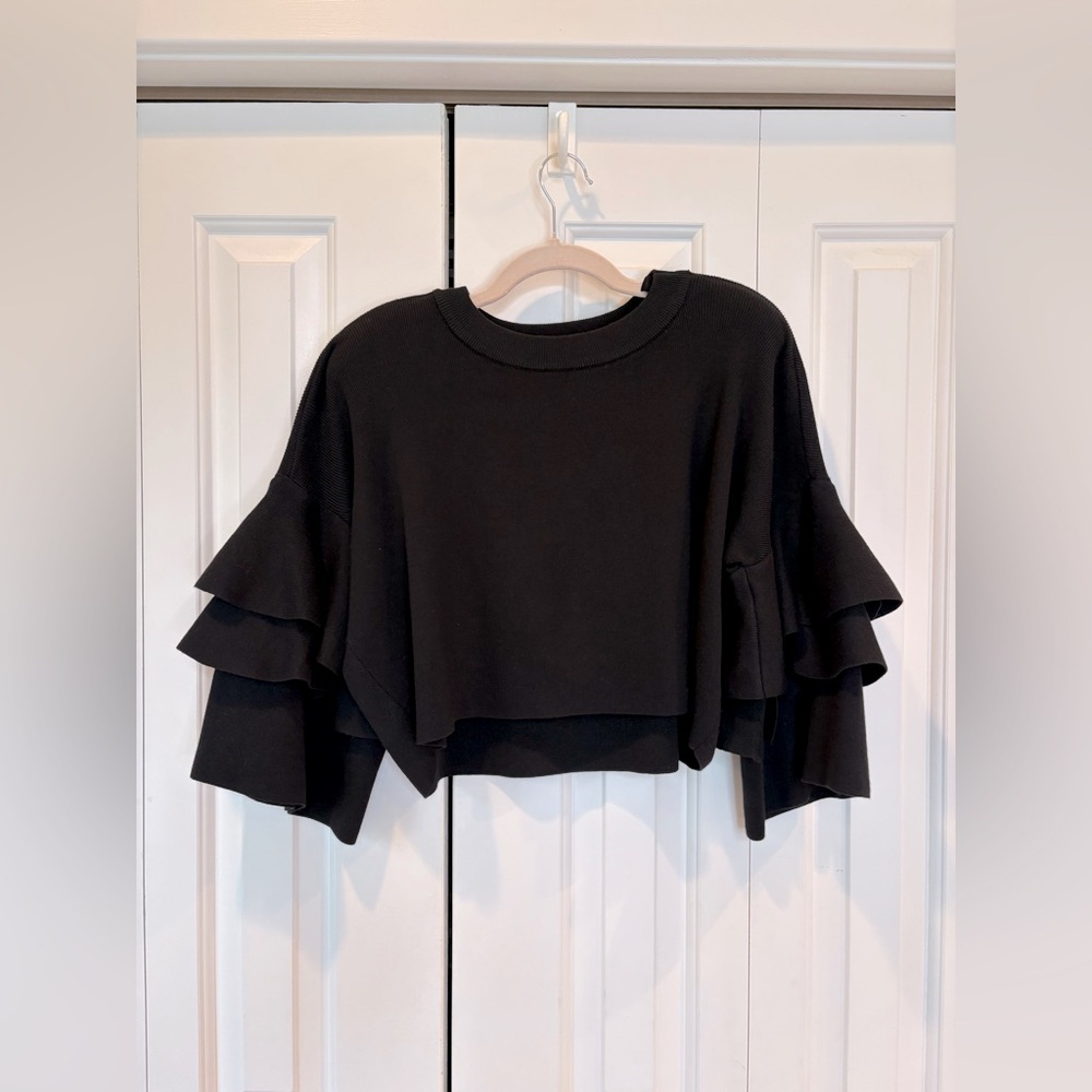 Elodie Black Ruffled Crop Blouse - Size Large - Picture 2 of 14